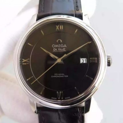 Replica Omega MKF De Ville 39.5mm SS Black Dial Blue Leather Strap A8500