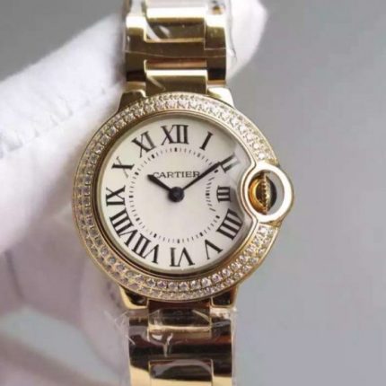 Replica Cartier Ballon Bleu 28mm YG Diamonds Bezel White Dial Bracelet Ronda Quartz