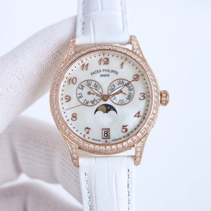 Fake Diamond Watch Patek Philippe Replica 4937R-001 Complications Ladies Annual Calendar Moon Phase 37mm White Mother of Pearl Arabic Rose Gold Diamond Set Leather Date(1:1 replica)