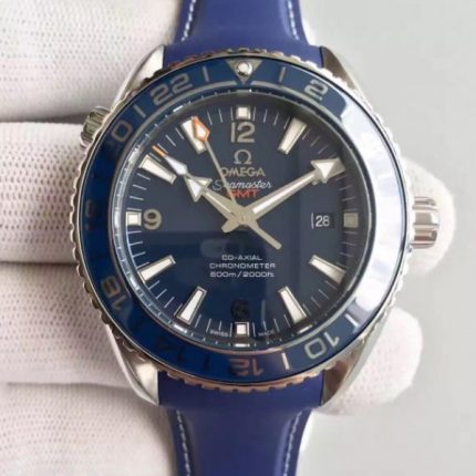 Replica Omega Planet Ocean SS GMT Blue Dial Silver Markers Blue Rubber Strap A8605