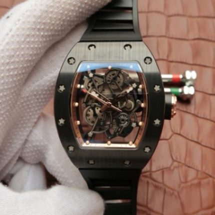 Replica Richard Mille RM055 Black Ceramic RG Inner Bezel Skeleton Dial Black Rubber Strap MIYOTA8215