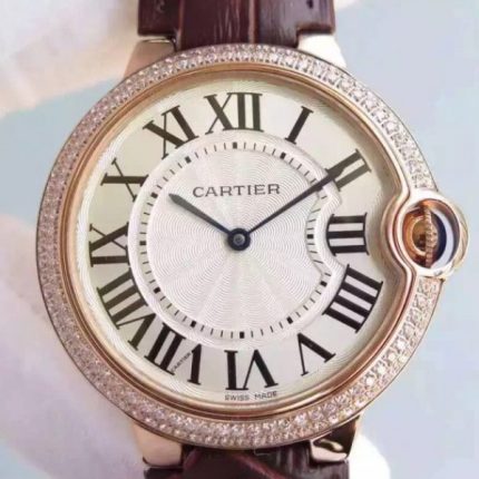 Replica Cartier Ballon Bleu 40mm RG Diamonds Bezel Whit Dial Leather Strap MIYOTA9015