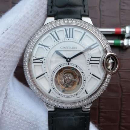Replica Cartier Ballon Bleu Tourbillon SS Diamond Bezel Black Leather Strap