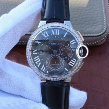 Replica Cartier Ballon Bleu De Cartier Chrono SS Black Dial Diamonds Bezel A8101