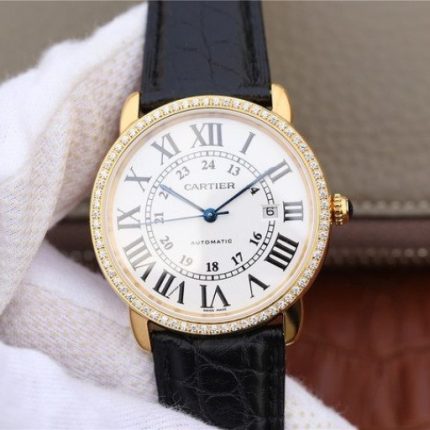 Replica Cartier Ronde De Cartier YG White Dial Diamonds Bezel Croco Strap A2892