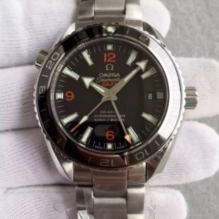 Replica Omega Planet Ocean SS GMT Black Dial Orange Markers SS Bracelet A8605