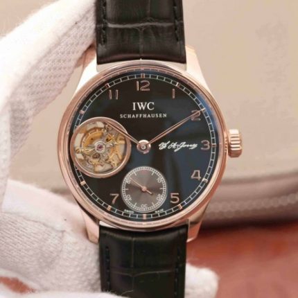 Replica IWC AZ Portuguese Flying Tourbillon SS Black Dial Leather Strap