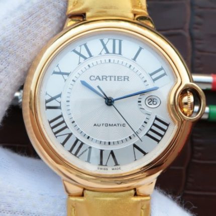 Replica Cartier Ballon Bleu 42mm YG White Dial Leather Strap ETA 2824