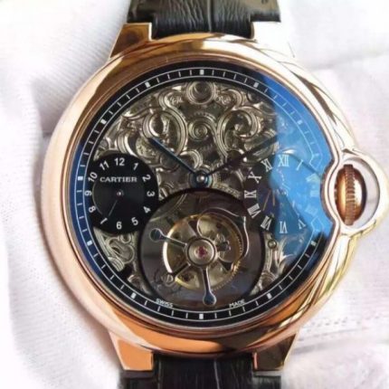 Replica Cartier Ballon Bleu Skeleton Tourbillon RG Black Dial