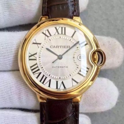 Replica Cartier JF Ballon Bleu 42mm YG White Textured Dial Leather Strap MIYOTA9015