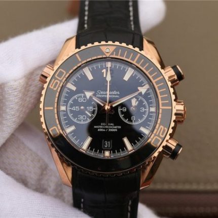 Replica Omega OMF Planet Ocean Master Chronometer RG Black Polished Bezel Black Dial Leather A9901