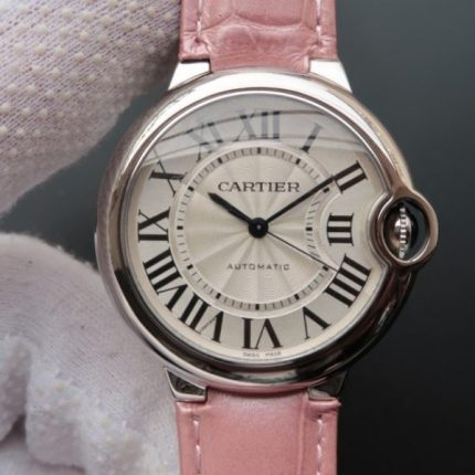 Replica Cartier Ballon Bleu 36mm White Textured Dial Pink Leather Strap
