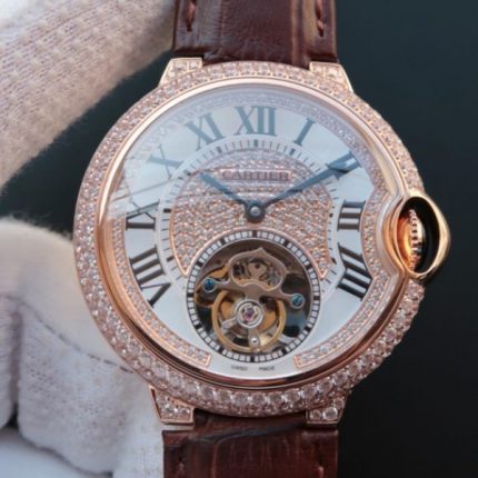 Replica Cartier Ballon Bleu de Cartier 42mm Tourbillon RG Paved Diamonds Leather Strap