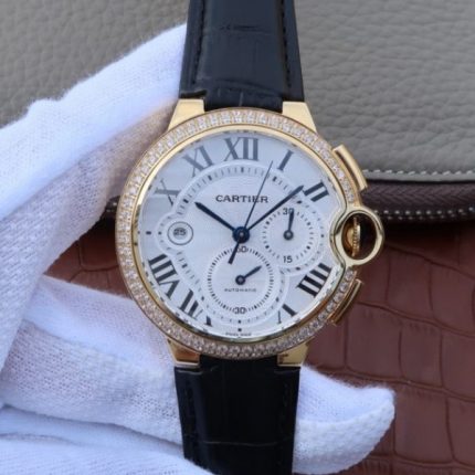 Replica Cartier Ballon Bleu De Cartier Chrono YG White Dial Diamonds Bezel A8101