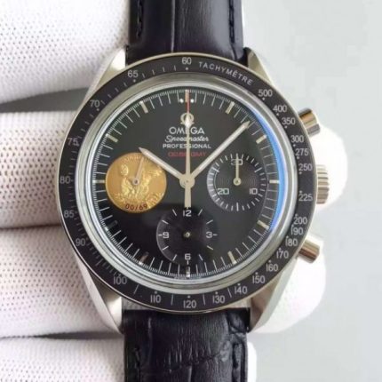 Replica Omega Speedmaster Apollo 11 40th anniversary Black Dial Leather Manual Winding