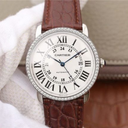 Replica Cartier Ronde De Cartier SS White Dial Diamonds Bezel Croco Strap A2892