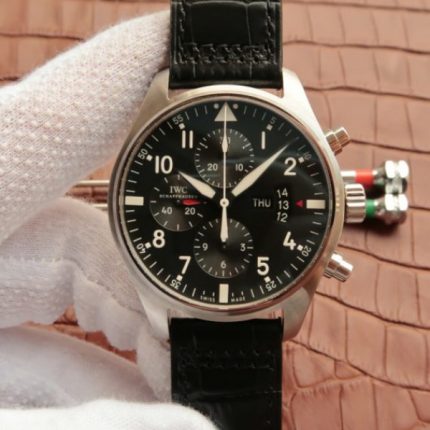 Replica IWC Pilot  Chrono IW377701 Black Dial Leather Strap