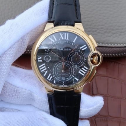 Replica Cartier Ballon Bleu De Cartier Chrono 44mm YG Black Dial Leather Strap A8101