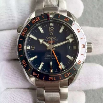 Replica Omega Planet Ocean GMT Goodplanet Blue Bezel Orange Marker Blue Dial SS Bracelet A8605