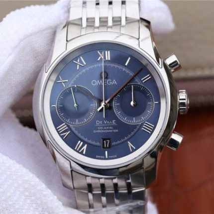 Replica Omega OMF De Ville Chronograph 42mm Blue Dial SS Bracelet A9300