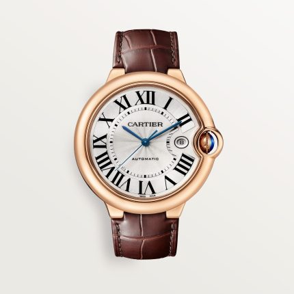 Fake Cartier Watch Ballon Bleu de Rose Gold 42mm Silver Dial Leather Strap WGBB0030 AF(1:1 replica)