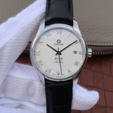 Replica Omega V6 De Ville 41mm SS White Dial Black Leather Strap A8500