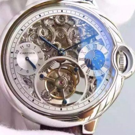 Replica Cartier Ballon Bleu Skeleton Tourbillon White Dial Brown Leather Strap