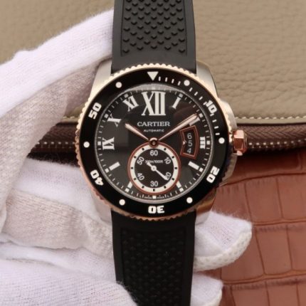 Replica Cartier JJF Calibre De Cartier Diver SS Black Dial RG Bezel Black Rubber Strap A23J