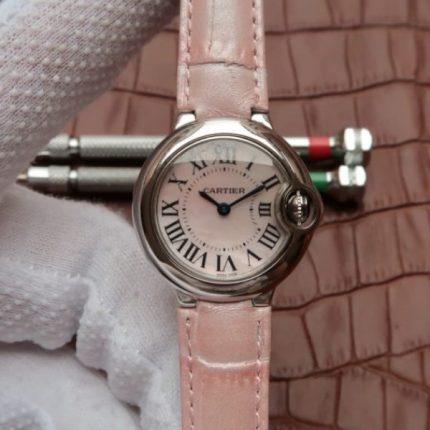 Replica Cartier Ballon Bleu Ladies 28MM White Dial Pink Leather Strap Ronda Quartz