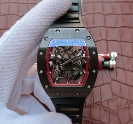 Replica Richard Mille RM055 Black Ceramic Red Inner Bezel Skeleton Dial Black Rubber Strap MIYOTA8215