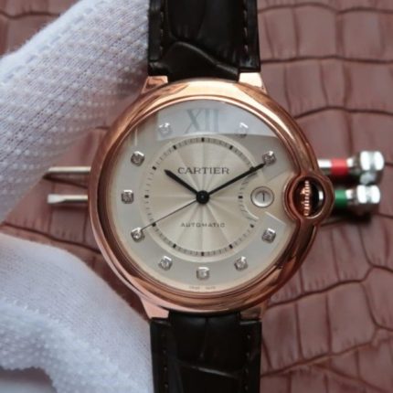 Replica Cartier JF Ballon Bleu 42mm RG White Dial Leather Strap MIYOTA9015
