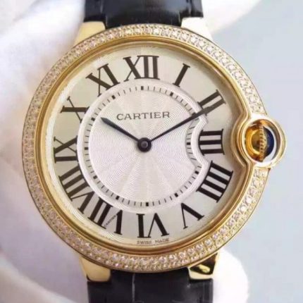 Replica Cartier Ballon Bleu 40mm YG Diamonds Bezel White Dial Leather Strap MIYOTA9015