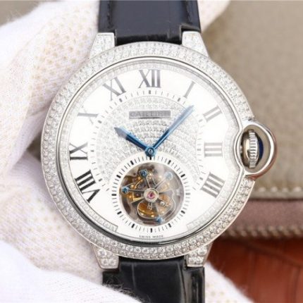 Replica Cartier Ballon Bleu de Cartier Tourbillon SS paved Diamonds Leather Strap