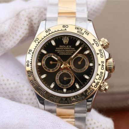 Replica Rolex Daytona 116523 Thick YG Wrapped Black Dial Sticks Markers SS/YG Bracelet A7750
