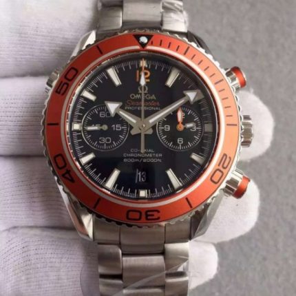 Replica Omega Planet Ocean 45mm Chrono Orange Bezel Black Dial SS Bracelet A7750