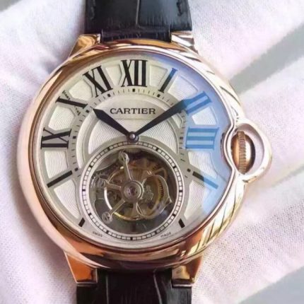 Replica Cartier Ballon de Cartier 46MM Tourbillon RG White Dial Leather Strap Flying Tour