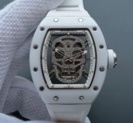 Replica Richard Mille RM052 White Ceramic Diamonds Skull Dial White Rubber Strap MIYOTA8215