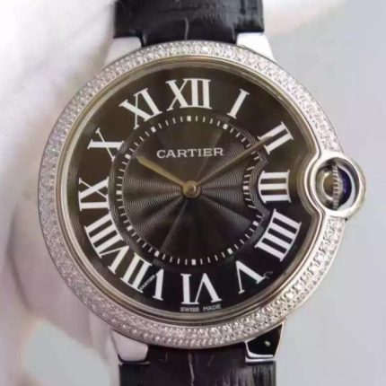 Replica Cartier Ballon Bleu 40mm Diamonds Bezel Black Dial Leather Strap MIYOTA9015