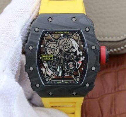 Replica Richard Mille RM035-02 Rafael Nadal FC Titanium Case KVF Skeleton Dial Red Yellow Rubber Strap MIYOTA8215