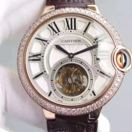 Replica Cartier Ballon Bleu Tourbillon RG Diamond Bezel Brown Leather Strap