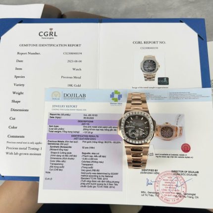 Patek Philippe Nautilus 5724R Gray Dial Replica Watch Gold Wrapped + Moissanite Diamonds PPF 40mm