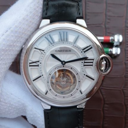 Replica Cartier Ballon Bleu Tourbillon 44mm SS Black Leather Strap