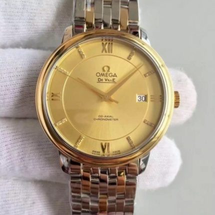 Replica Omega MK De Ville 39.5mm Yellow Dial Diamonds Markers RG Bezel SS/RG Bracelet A2824