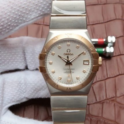 Replica Omega V6 Constellation 35mm White Dial YG Bezel Diamonds Markers SS Bracelet A2500