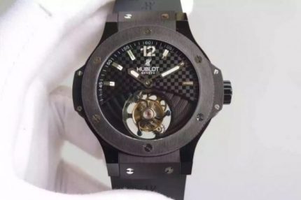 Replica Hublot Big Bang Tourbillon PVD Black Textured Dial Black Rubber Strap