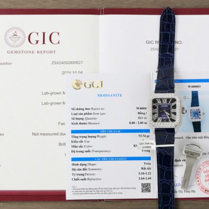 Cartier Santos Best Copies Watch Dial Blue Custom Diamonds Moissanite Hong Kong 39.8mm