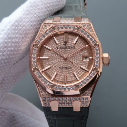 Replica Audemars Piguet JF Royal Oak 37mm 15452 RG Full Paved Diamonds Leather Strap A3120