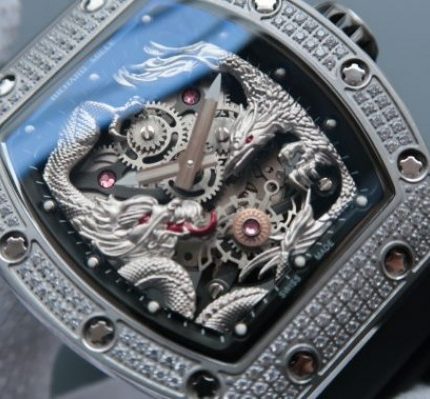 Replica Richard Mille RM057 Dragon Phoenix SS Case Diamonds Bezel Silver Dial Black Rubber Strap