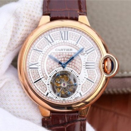 Replica Cartier Ballon Bleu de Cartier Tourbillon RG Leather Strap Diamonds Dial