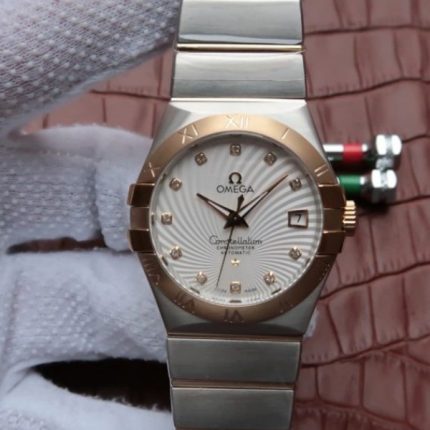 Replica Omega V6 Constellation 35mm YG Bezel White Textured Dial SS Bracelet A2500